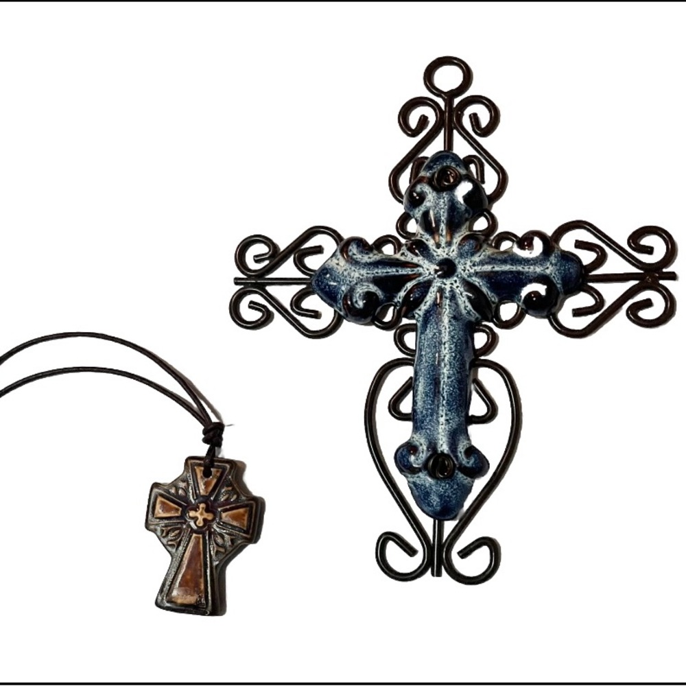 2 Art Clay Ceramic Crosses 1.5" x 1.75" Browns 5" x 6" Blue White on Black Metal